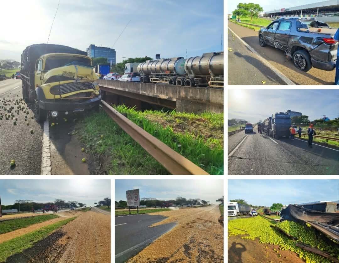 Engavetamento com quatro caminhões e carro bloqueia a Rodovia Euclides da Cunha em Fernandópolis