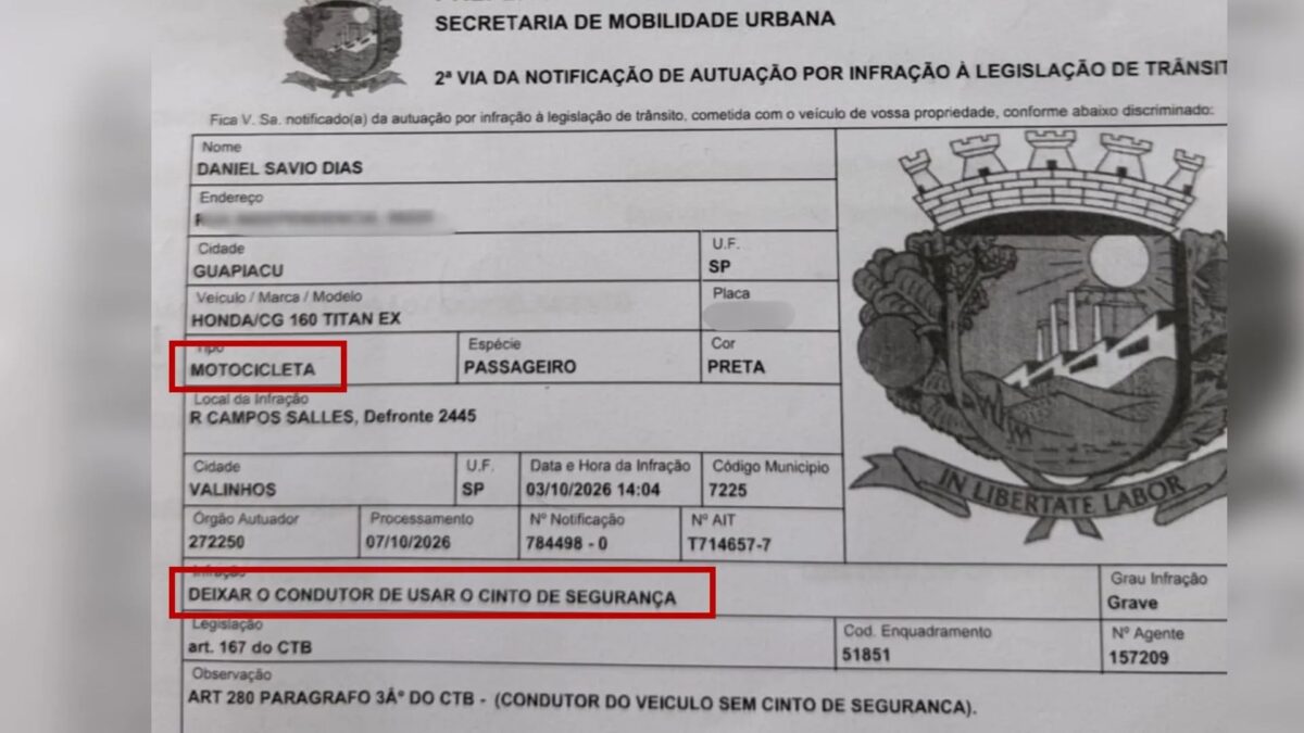 Homem recebe multa por pilotar moto sem cinto de segurança: 'Fiquei tentando entender'
