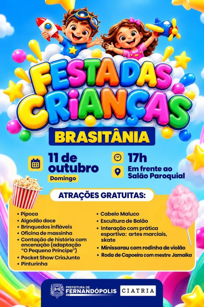 Prefeitura de Fernandópolis promove Fernankids com atrações gratuitas em Brasitânia e no Beira-Rio