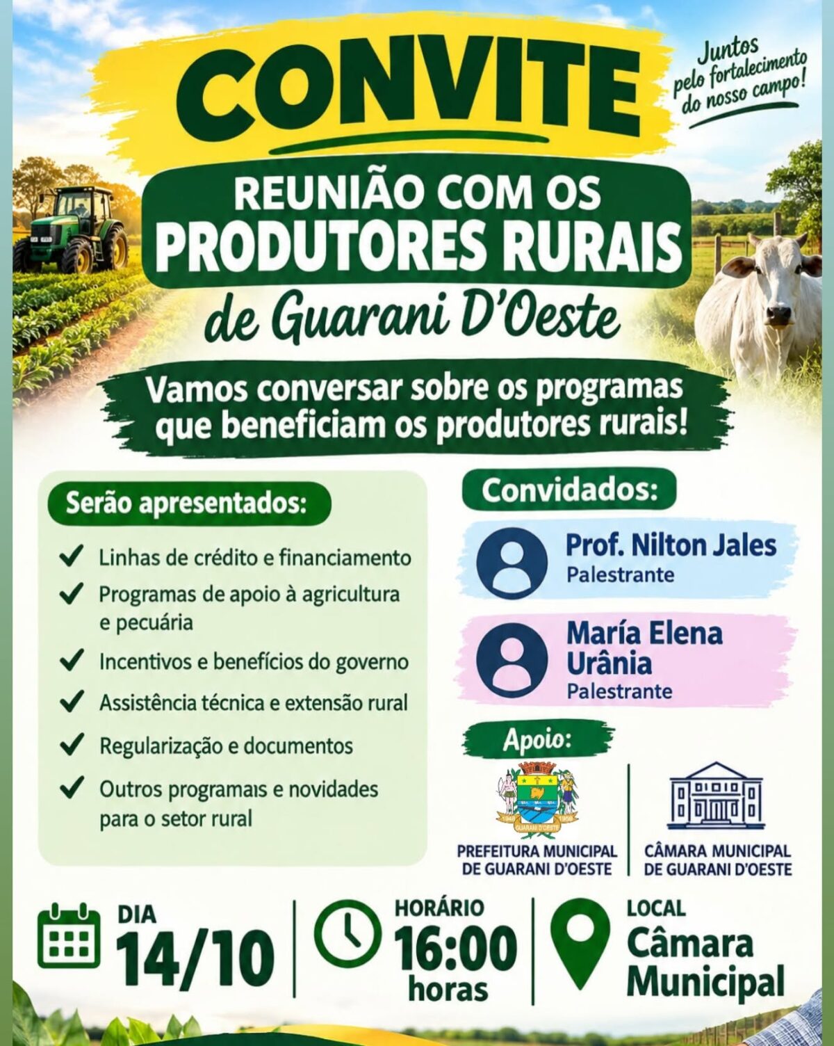 Prefeitura de Guarani d’Oeste convida produtores rurais para reunião sobre incentivos e linhas de crédito