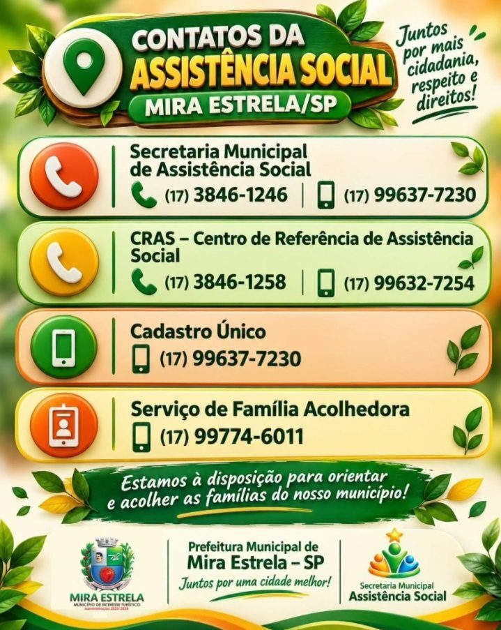 Prefeitura de Mira Estrela divulga canais de atendimento e contatos da Assistência Social