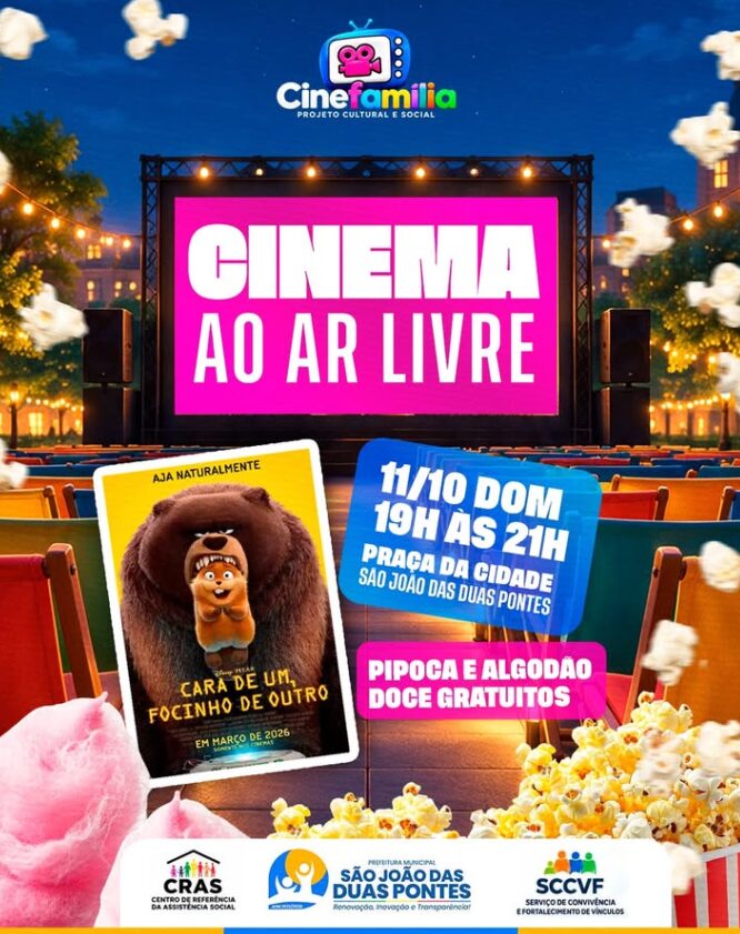 São João das Duas Pontes promove sessão gratuita de cinema ao ar livre na Praça da Cidade