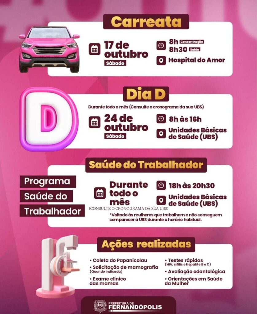 Saúde de Fernandópolis divulga programação do Outubro Rosa com carreata e “Dia D” de atendimento às mulheres